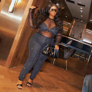 Rhinestone Sheer Mesh Plus Size Jumpsuit